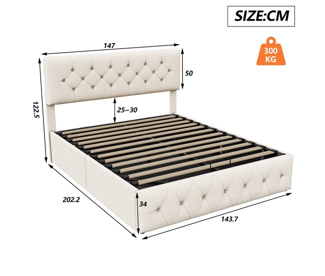 Cama, cama doble, cama funcional. 147x202 Beige