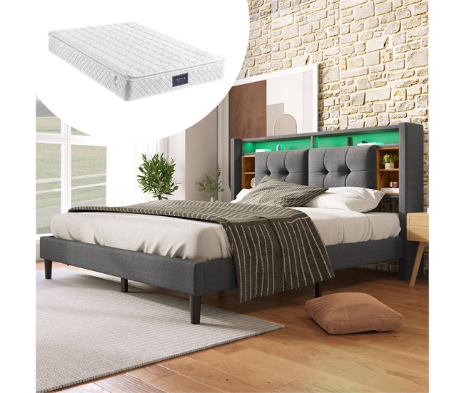 Cama de matrimonio de madera maciza 169x215 Gris