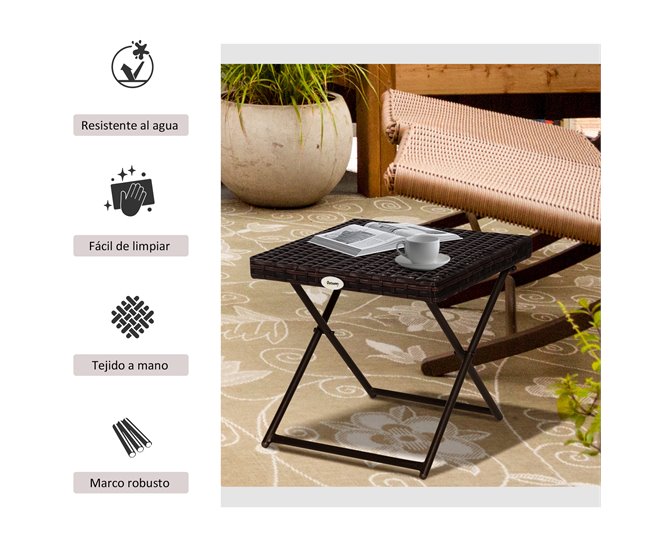 Mesa Cuadrada Plegable Ratán PE, Acero Outsunny 40x40 Marron