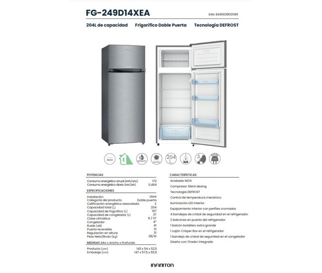 Frigorifico Dos Puertas Infiniton FG-249D14XEA, 204 l Inox