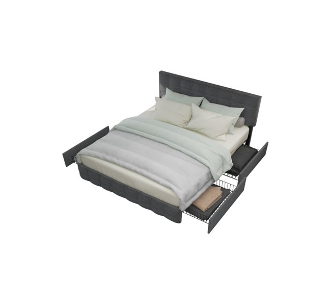 Conforama Cama de matrimonio de lino 140x200cm con 4 cajónes y cabecera de altura ajustable incluye colchón gris