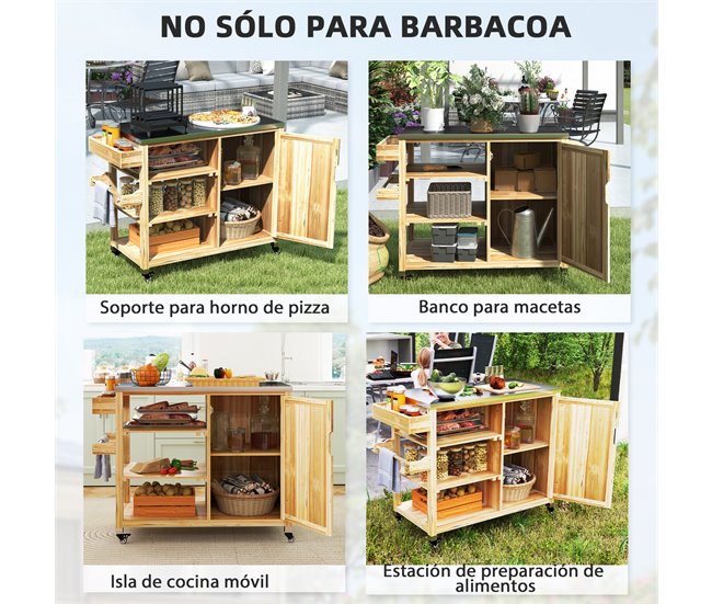 Carrito de Parrilla Acero, Madera de Abeto Outsunny Marron