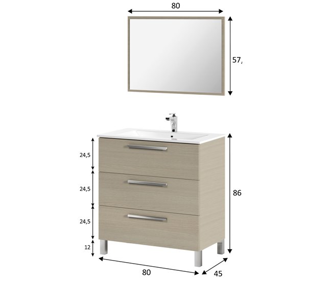 Mueble baño Alise 3 cajones, espejo y lavabo, Roble Roble