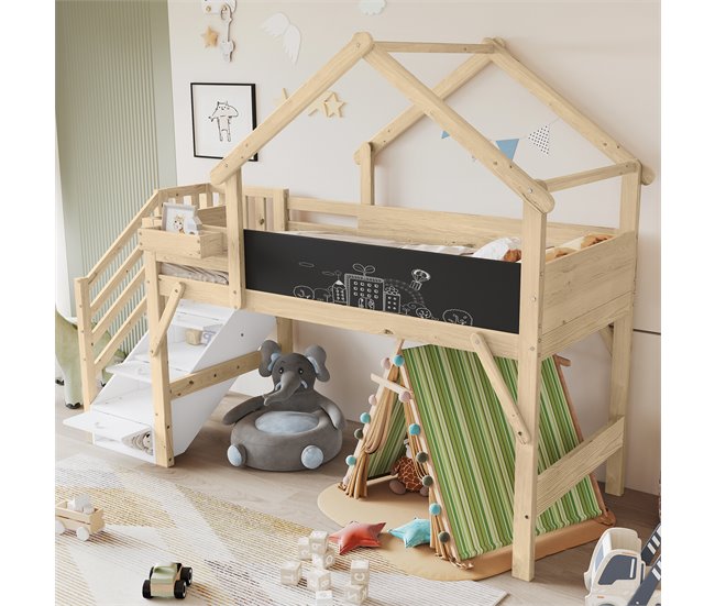 Cama alta cabaña infantil de madera de pino Natural/ Blanco