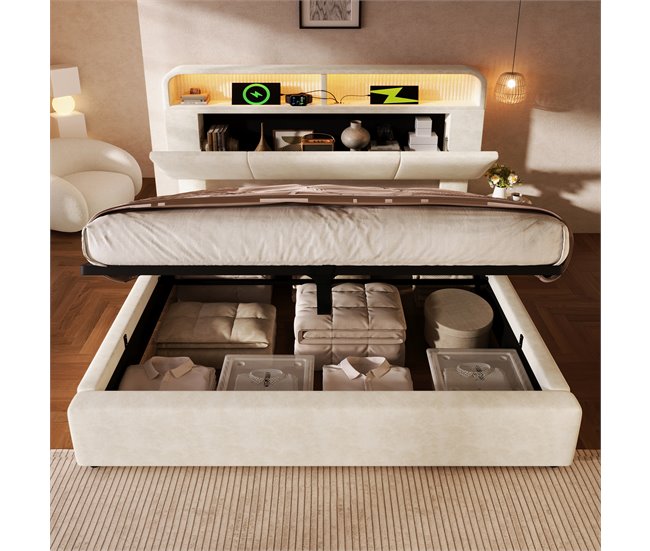 Cama con almacenaje de terciopelo 165x211 Beige