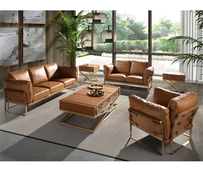Mesa centro rectangular piel y acero 2149 Camel