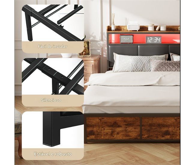 Cama, Cama de metal, 4 cajones, LED, Cama juvenil 182x217 Negro
