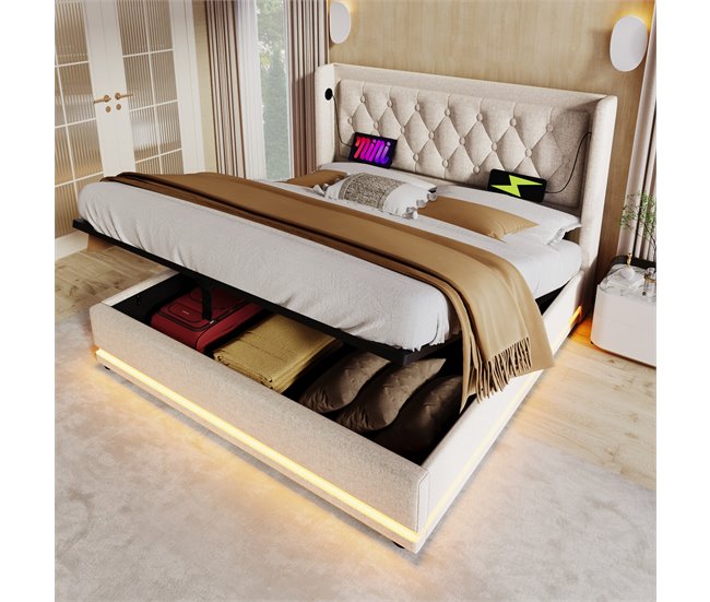 Cama de matrimonio de algodón con almacenaje 150x210 Beige