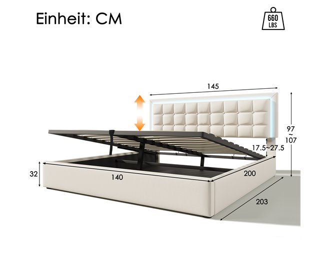 Cama de matrimonio de pu con almacenaje 145x203 Blanco