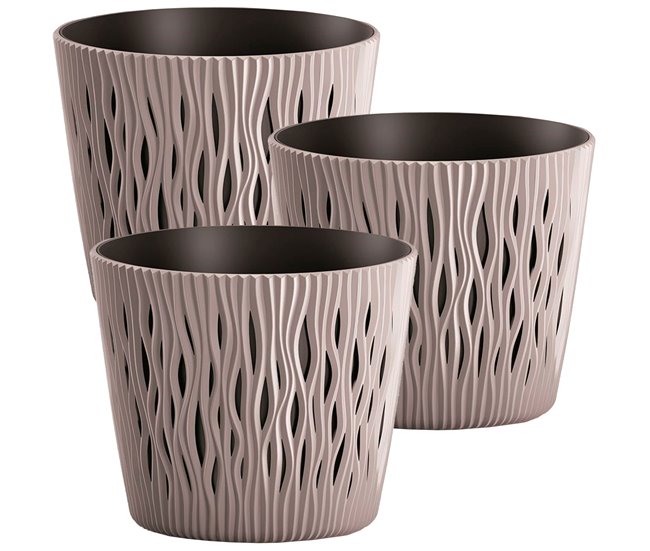 3x Maceta redonda de plastico Sandy Round Marron Claro