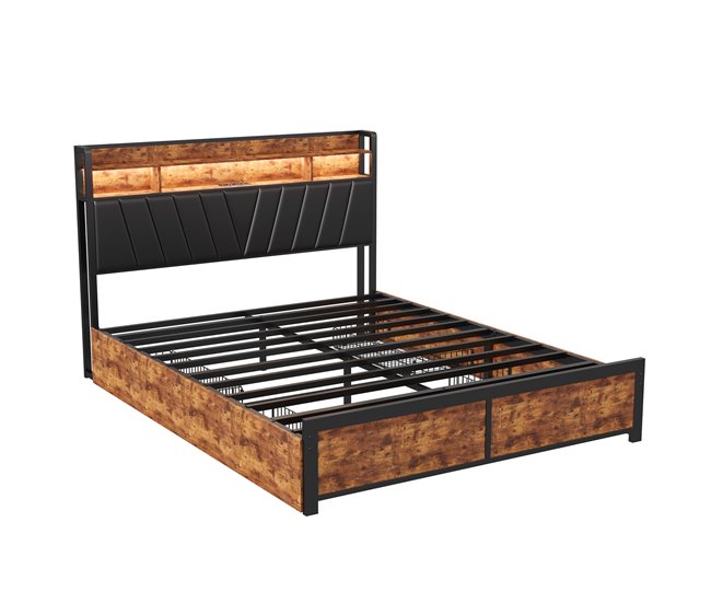 Cama de metal, USB, LED, 4 cajones 160x217 Multicolor