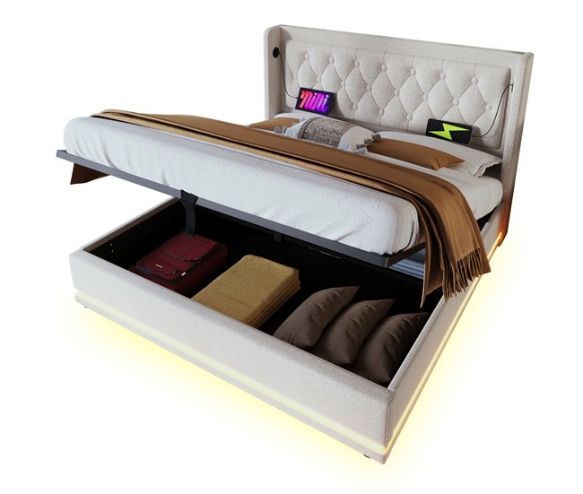Cama de matrimonio de algodón con almacenaje 150x210 Beige