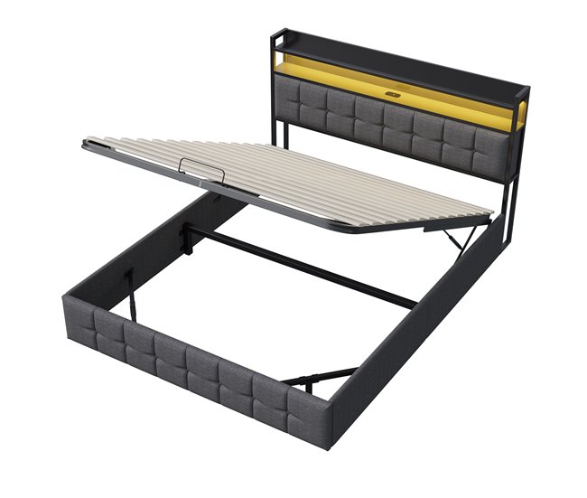 Cama LED RGB, USB-C, depósito gas, tela lino Gris