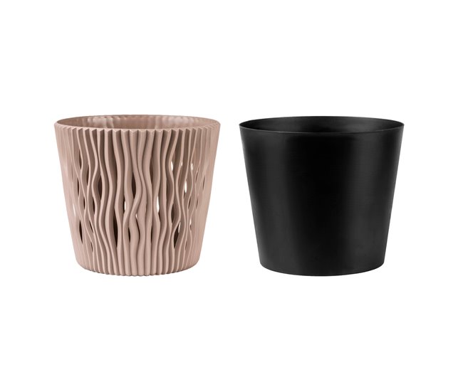 2x Maceta redonda de plastico Sandy Round Marron Claro