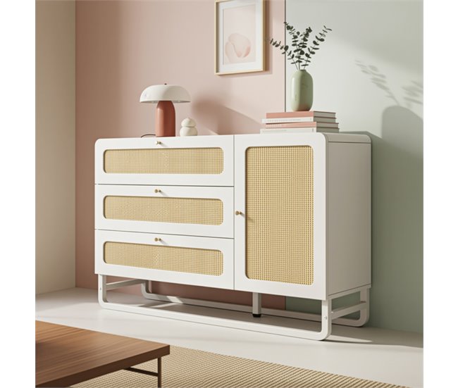 Aparador con 1 puerta y 3 cajónes Natural/ Blanco