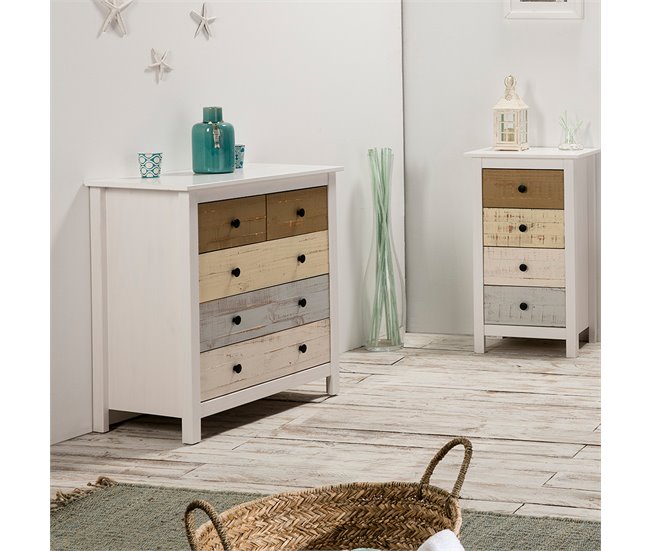 Comoda de Noche Magda de 5 cajones en Blanco Multicolor