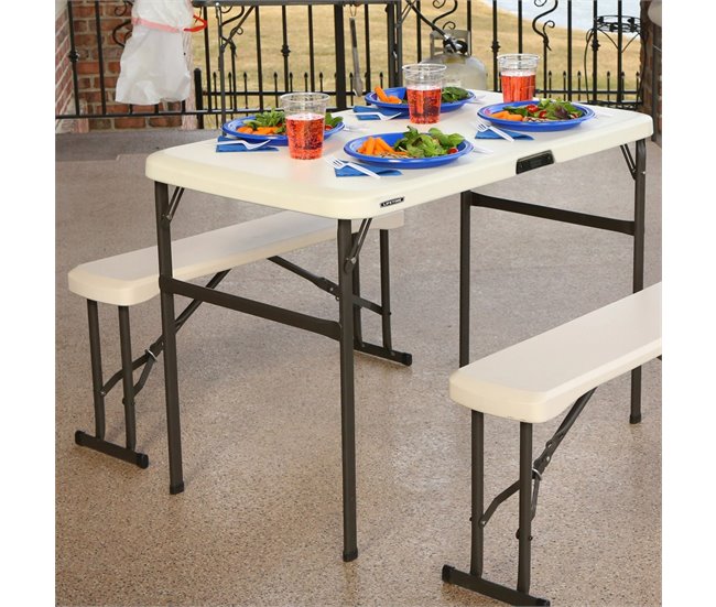 Conjunto plegable mesa y 2 bancos utrarresistente LIFETIME 106x61x74 cm UV100 Crema