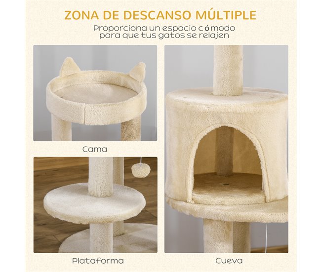 Árbol para Gatos Aglomerado de Madera, Felpa, Sisal PawHut Crema