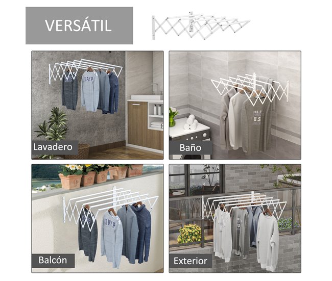 Tendedero de pared Metal HOMCOM Blanco