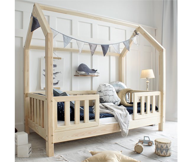 Cama cabaña con barandilla y somier patas de Daisy Madera