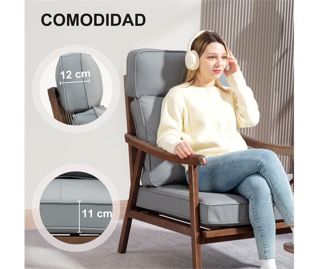 Butaca de Salón PU, Madera de Caucho HOMCOM Gris