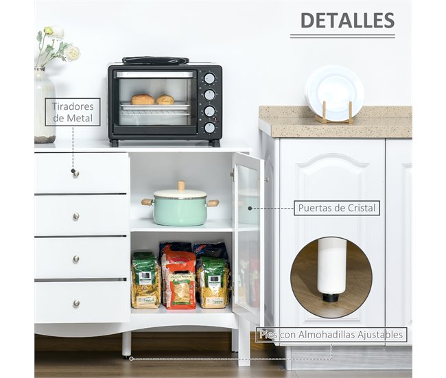 Aparador de Cocina MDF, Vidrio Templado HOMCOM 136 Blanco