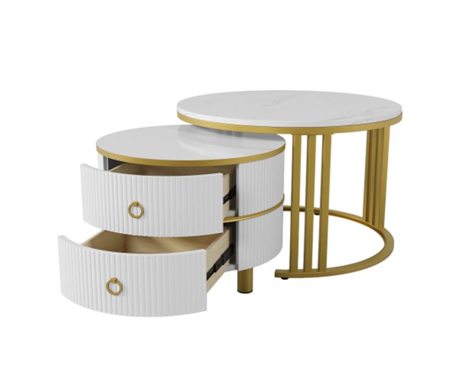 2 en 1, mesa de centro, mesa de salón, 2 cajones 70x70 Blanco