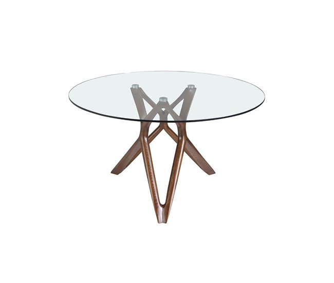 ANGEL CERDA Mesa comedor redonda cristal templado y nogal 130x130 Nogal