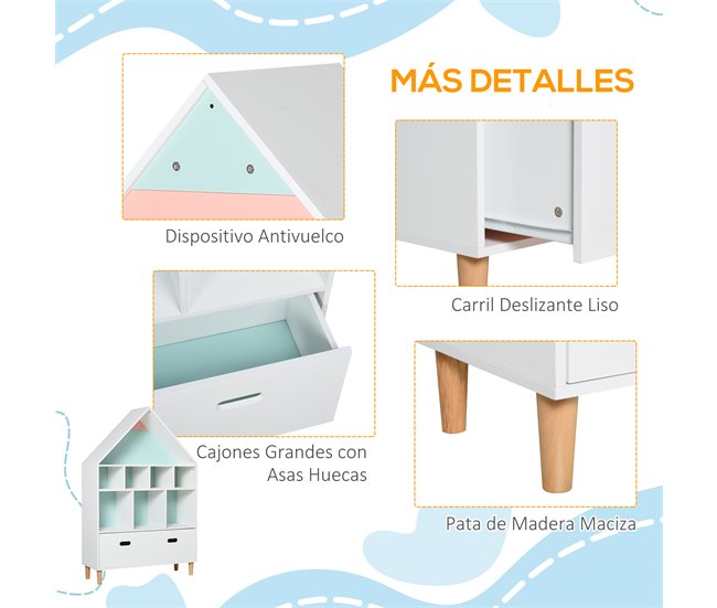 Estantería de Madera Infantil MDF y Madera de Pino HOMCOM Blanco
