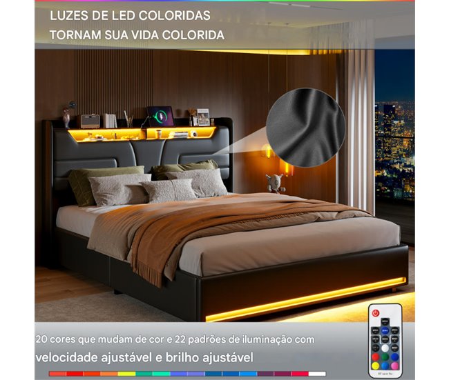 Cama, USB, LED, cama doble, cama funcional 143x211 Negro
