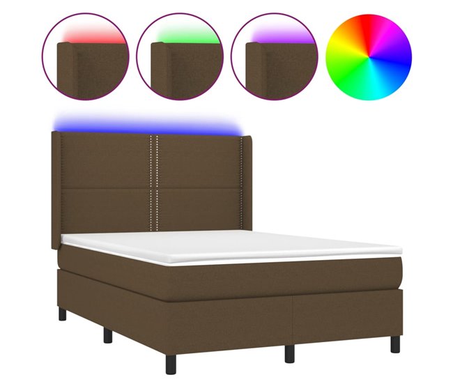 Conforama Cama box spring colchón luces LED tela marrón oscuro 140x190 cm Liso con clavos