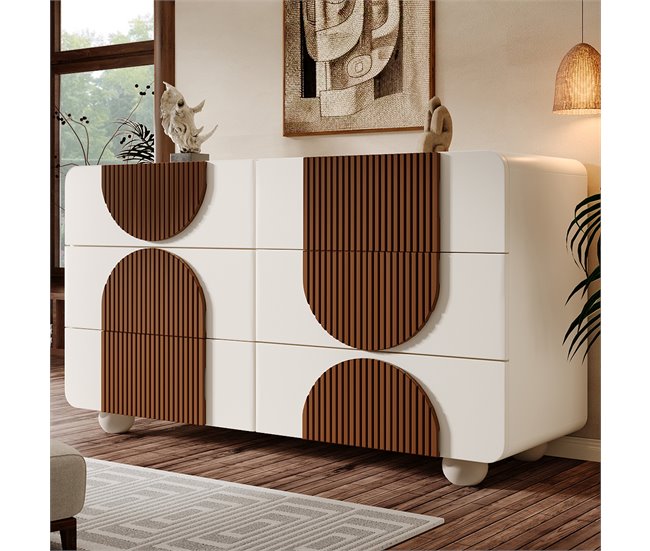 Cómoda doble con 6 cajónes Natural/ Blanco