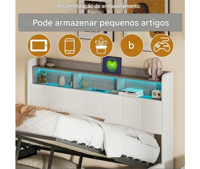 Cama, LED, USB, cama hidráulica, estructura de cama juvenil Beige