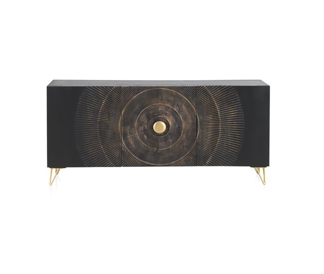 Aparador De Madera De Mango Con 3 Puertas Y Pies De Metal Dorado Negro