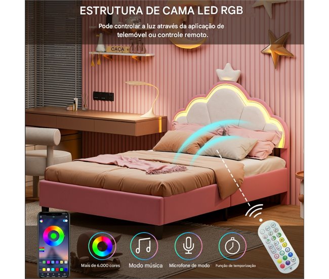 Cama, LED, Cama infantil, Cama juvenil, Cama doble 94x203 Rosa