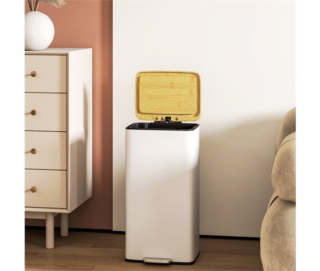 Cubo de Basura Metal, Bambú HOMCOM, hogar - cocina Blanco