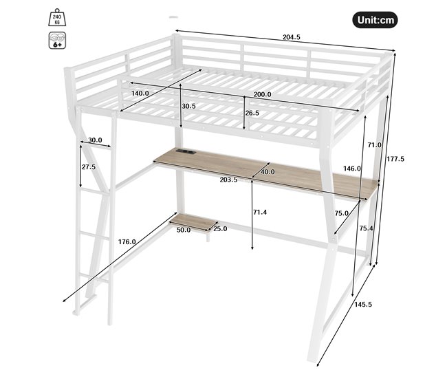 Cama alta para niños 145x204 Blanco/ Madera