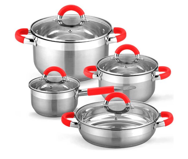 Batería Cocina Set 8 Piezas Vitro Inducción Acero Rojo Gridinlux Rojo