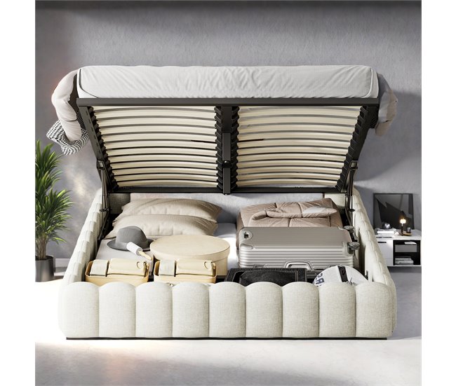 Cama, cama hidráulica, USB, iluminación LED, cama doble 193x220 Beige