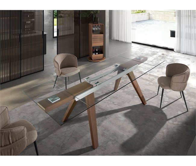 ANGEL CERDA Mesa comedor extensible rectangular cristal templado y nogal 270x100 Nogal