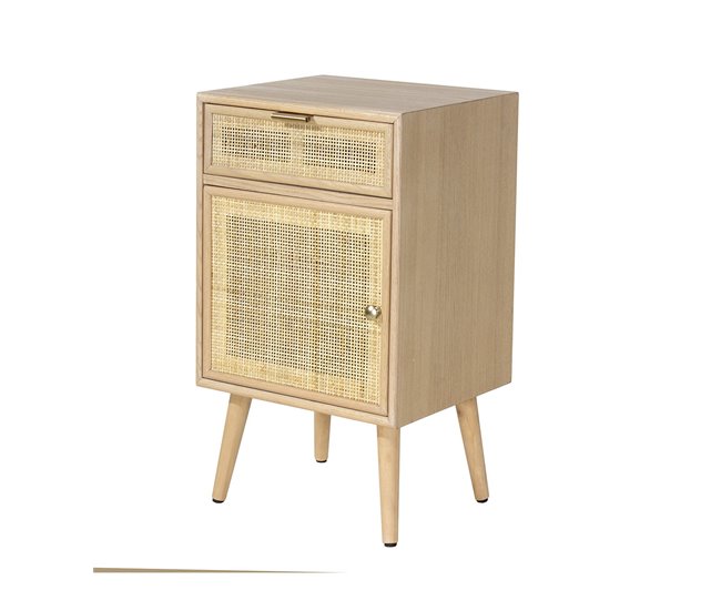 Mesita de noche con rejilla de ratán natural Madera