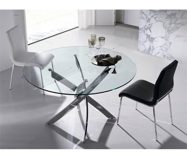 ANGEL CERDA Mesa comedor redonda cristal templado y acero cromado 120x120 Transparente