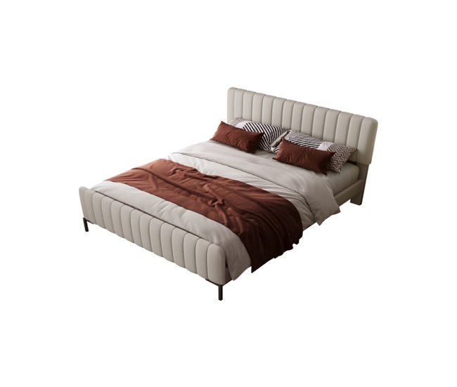 Conforama Cama de matrimonio de lino 180x200cm con cabecera de altura ajustable sin colchón beige+gris