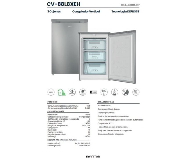 Congelador Vertical Infiniton CV-88L8XEH, 85 L Inox
