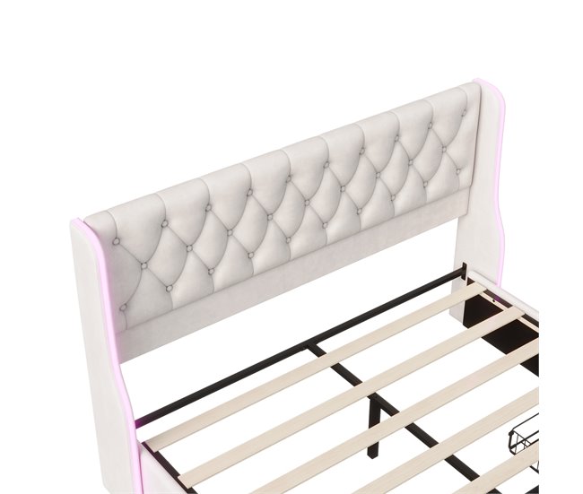 Cama, cajón, cama con canapé, LED, cama funcional Beige