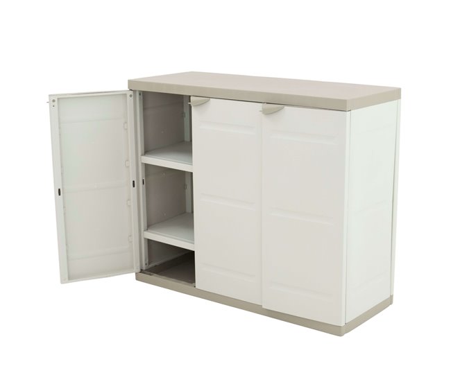 Armario bajo de exterior con 2 puertas y 2 estantes regulables Beige
