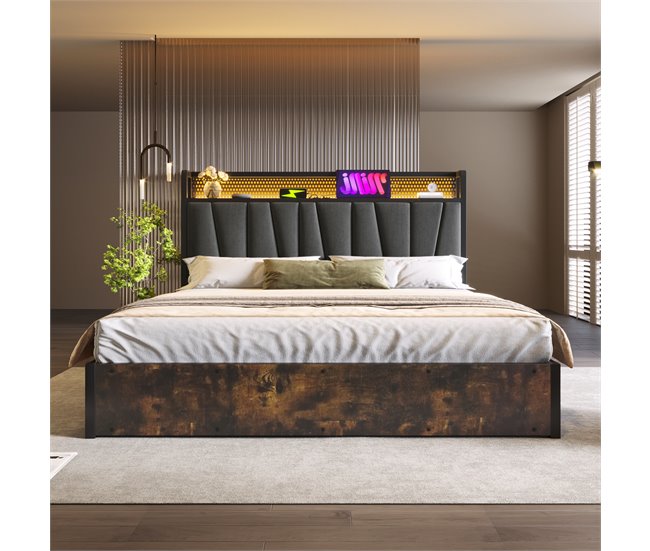 Cama de matrimonio de lino con almacenaje 166x222 Gris