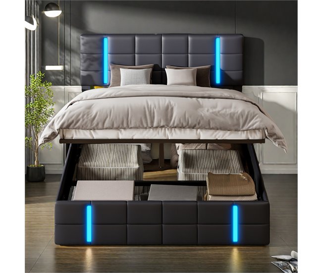 Cama, LED, USB, Tipo-c, Cama juvenil, Cama doble 167x205 Negro