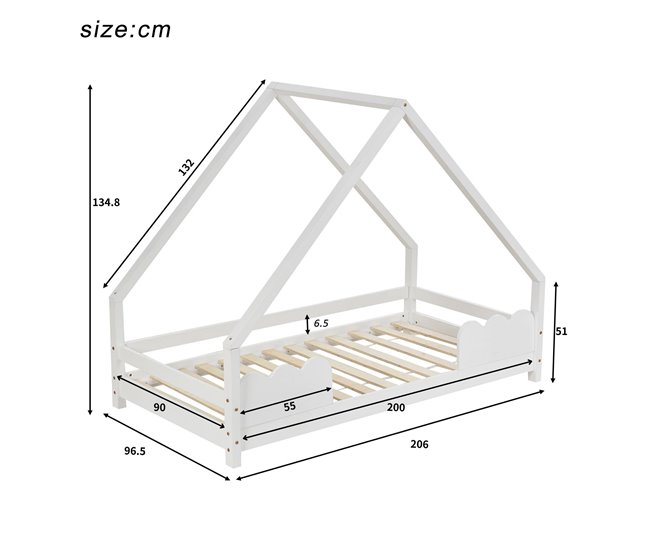 Cama cabaña infantil de madera de pino 206x96 Blanco