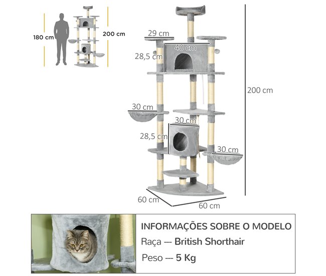 Árbol Rascador para Gatos Aglomerado de Madera, Sisal y Felpa Gris